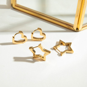 1 Paire De Boucles D'Oreilles Créoles Pour Femme, Collection Simple Series Classic Star, En Acier Inoxydable Étanche, Couleur Or. h5 Image4