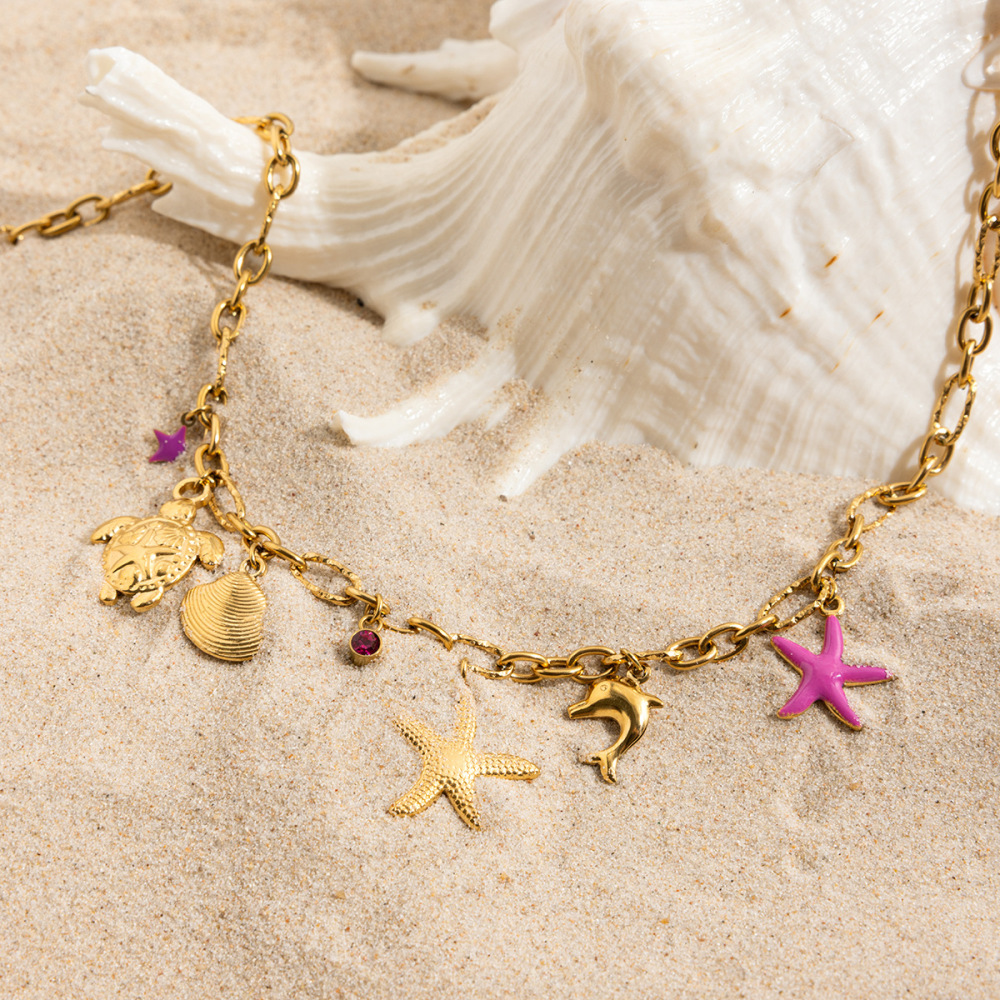 Collier Pendentif Femme En Acier Inoxydable, Couleur Or, Représentant Un Organisme Marin (1 Pièce) Image6