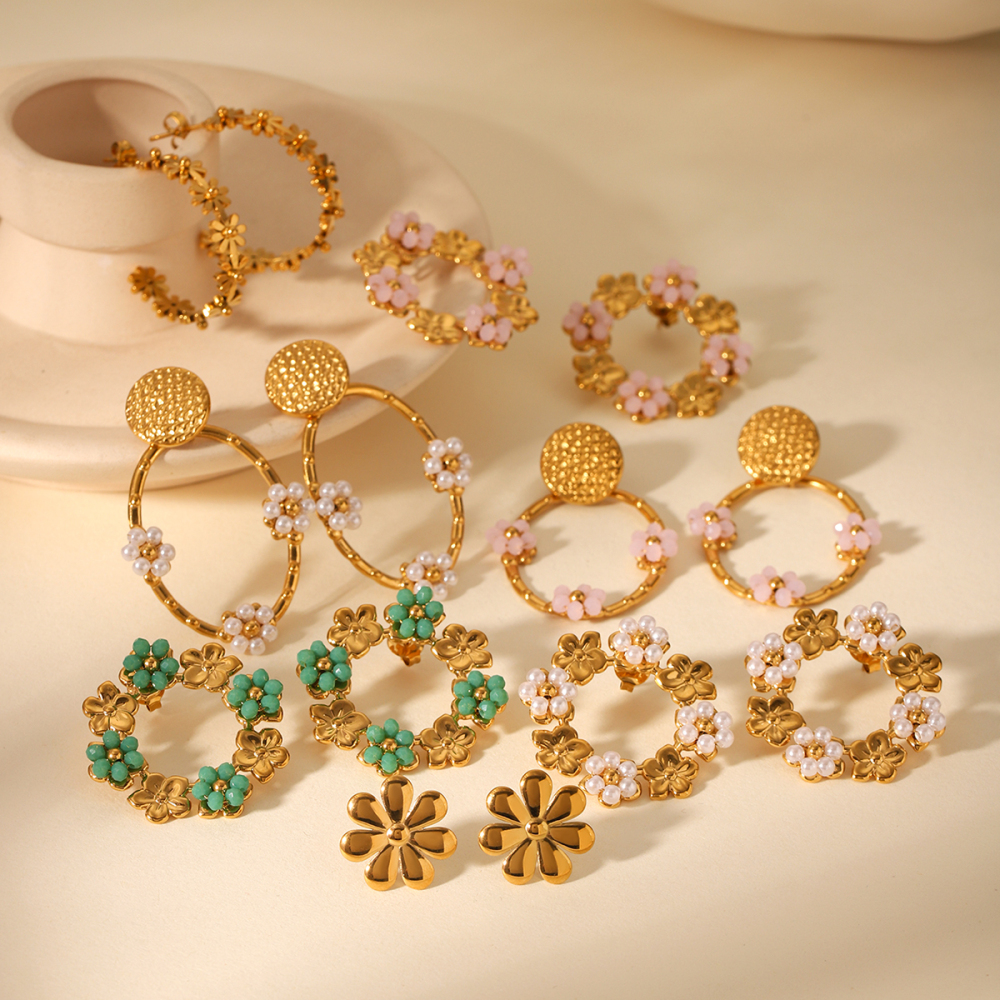 Boucles D'Oreilles Puces Pour Femmes, Motif Floral Simple Du Quotidien, En Acier Inoxydable Étanche, Couleur Or. Image6