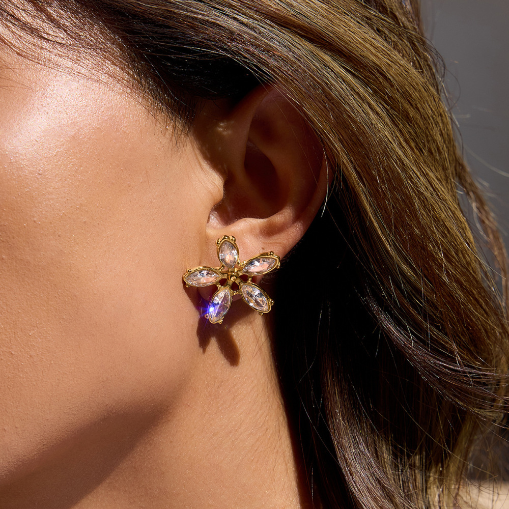 Boucles D'Oreilles Puces Pour Femme, Collection Romantique, Motif Floral, En Acier Inoxydable Étanche, Couleur Or (1 Paire). Image5