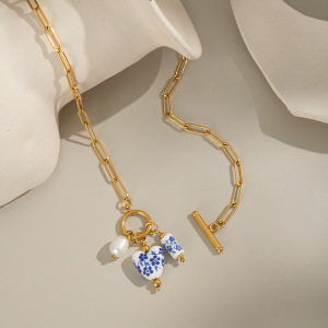 Collier Pendentif En Acier Inoxydable Doré, 1 Pièce, Fleur En Céramique h5 Image3