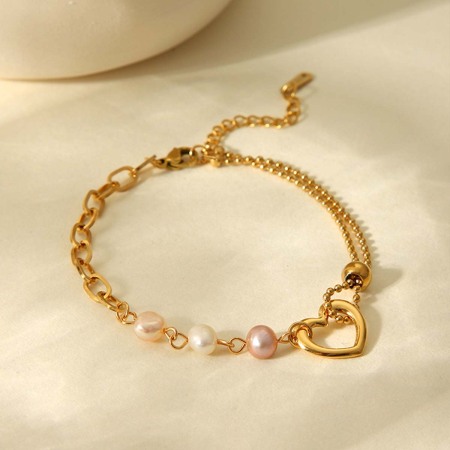 1 Paire De Bracelets À Maillons Pour Femme, Motif Cœur, En Acier Inoxydable, Couleur Or, Étanches, Avec Pierre Naturelle.