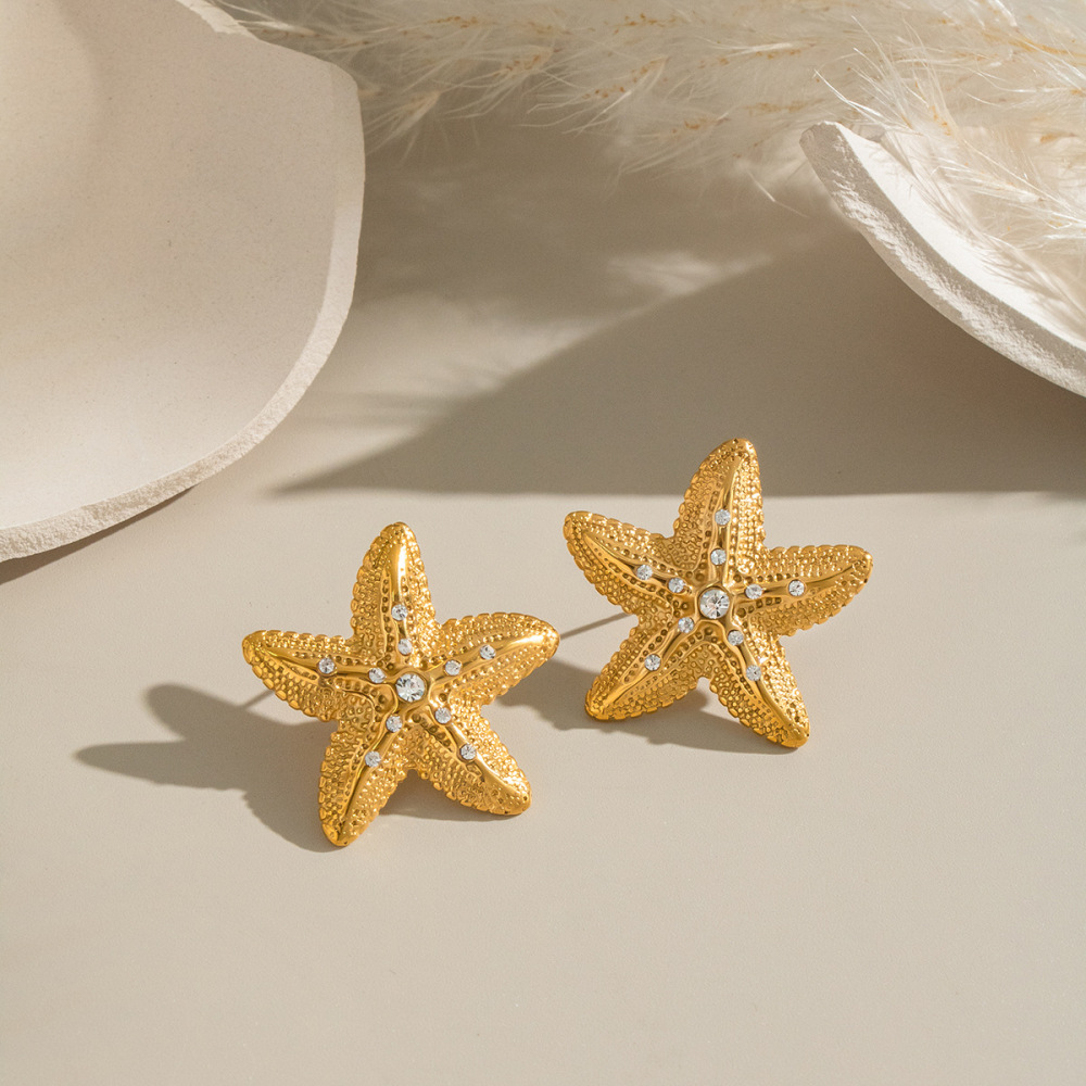Ensemble De Boucles D'Oreilles Starfish En Acier Inoxydable Étanche Couleur Or Image4