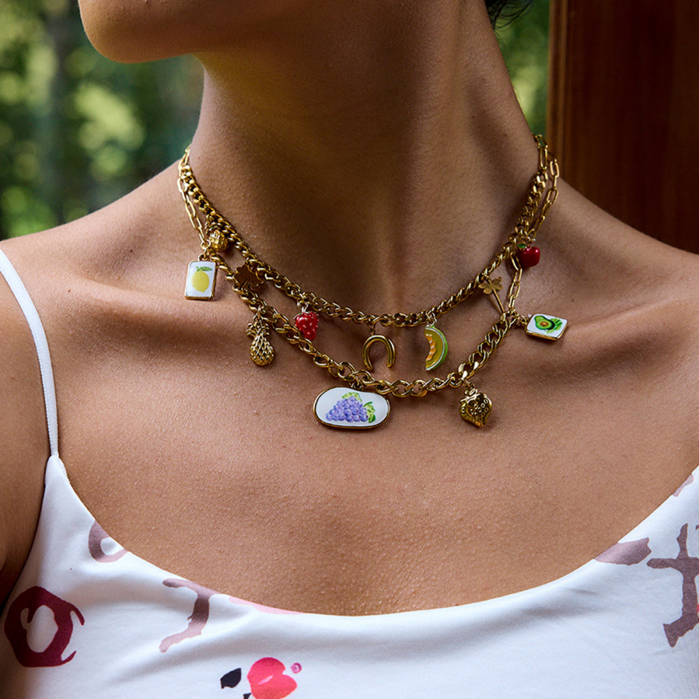 Collier Pendentif Femme En Acier Inoxydable Doré, Motif Fruits Romantiques (1 Pièce) Image3
