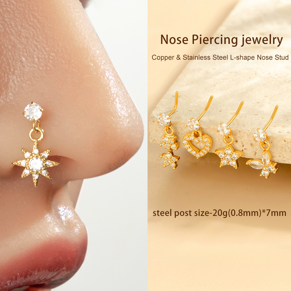 1 Pièce Simple Series Simple Heart Simple Copper Gold Color Zircon Piercing De Nez Pour Femme Image4