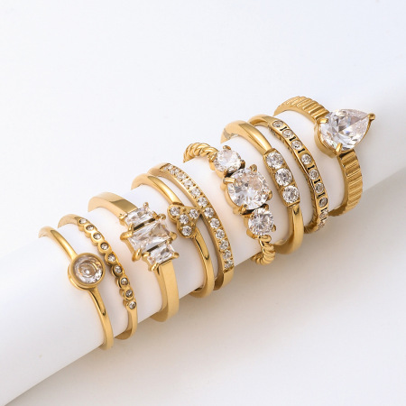 Bague pour femme en acier inoxydable étanche couleur or, ornée d'une pierre précieuse et d'une goutte d'eau (1 pièce). 2