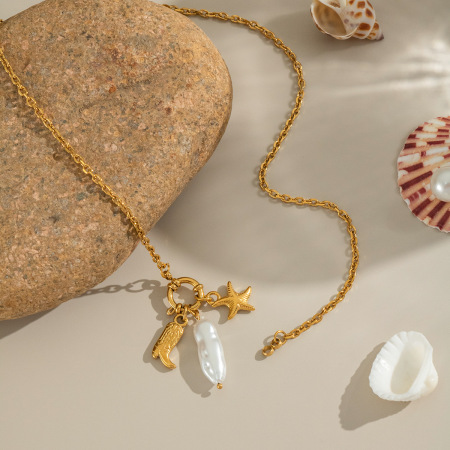 Collier pendentif en forme d'étoile de mer, en acier inoxydable étanche, couleur or, avec perle (1 pièce)