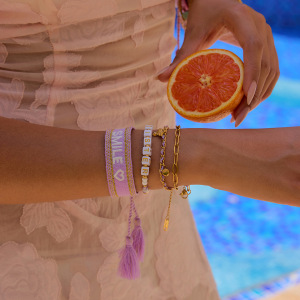 Bracelet Tressé Pour Femme, Couleur Or, En Acier Inoxydable, Imperméable, Motif Palmier De Coco Violet (1 Pièce). h5 Image5
