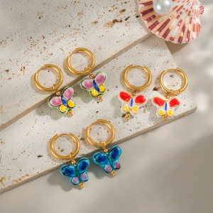 1 Paire De Boucles D'Oreilles Pendantes Romantiques En Acier Inoxydable Doré, Étanches, En Forme De Papillon h5 Image2