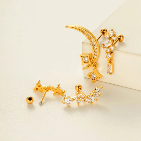 Boucles d'oreilles piercing géométriques simples en cuivre et zircon pour femme, 1 pièce 2