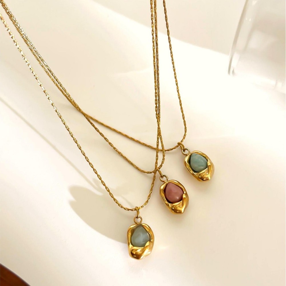 Collier Pendentif En Acier Inoxydable Étanche Couleur Or Avec Pierre Naturelle (1 Pièce) Image5