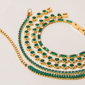 Bracelet Chaîne Femme En Acier Inoxydable Vert Rétro Étanche Couleur Or (1 Pièce) h5 Image4