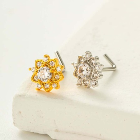 1 pièce de clou de nez luxueux en forme de fleur, couleur cuivre et or, serti de zircons pour femme