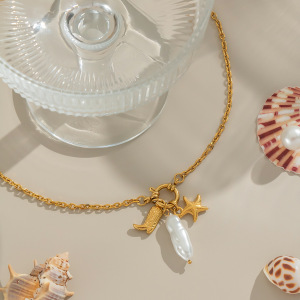 Collier Pendentif En Forme D'Étoile De Mer, En Acier Inoxydable Étanche, Couleur Or, Avec Perle (1 Pièce) h5 Image4