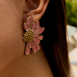 1 Paire De Boucles D'Oreilles Puces Pour Femme, Motif Fleurs Douces, En Acier Inoxydable Étanche, Couleur Or, Série Colorée h5 Image5