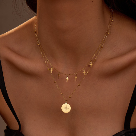 1 paire de colliers superposés géométriques en acier inoxydable pour femmes, série Simple