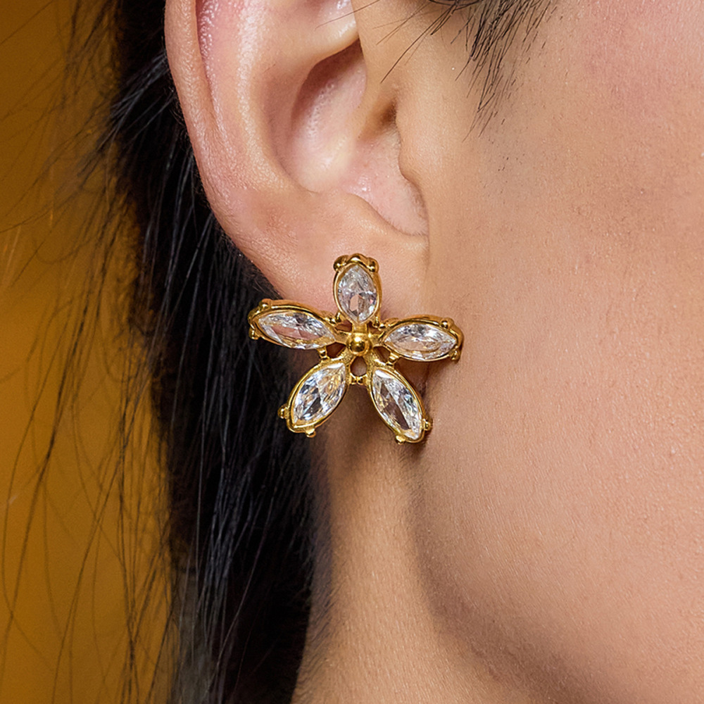 Boucles D'Oreilles Puces Pour Femme, Collection Romantique, Motif Floral, En Acier Inoxydable Étanche, Couleur Or (1 Paire). Image4