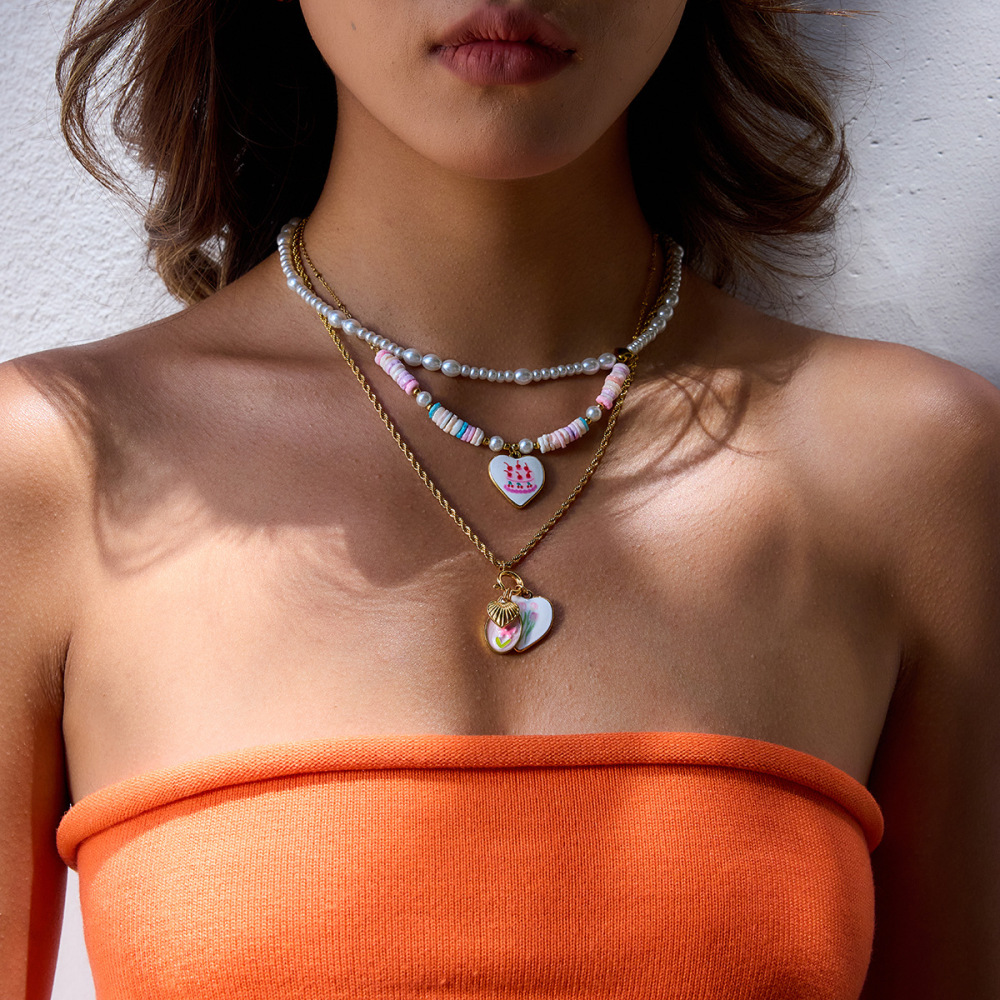 Collier Pendentif Femme En Acier Inoxydable Doré, Motif Cœur Peint (1 Pièce) Image5