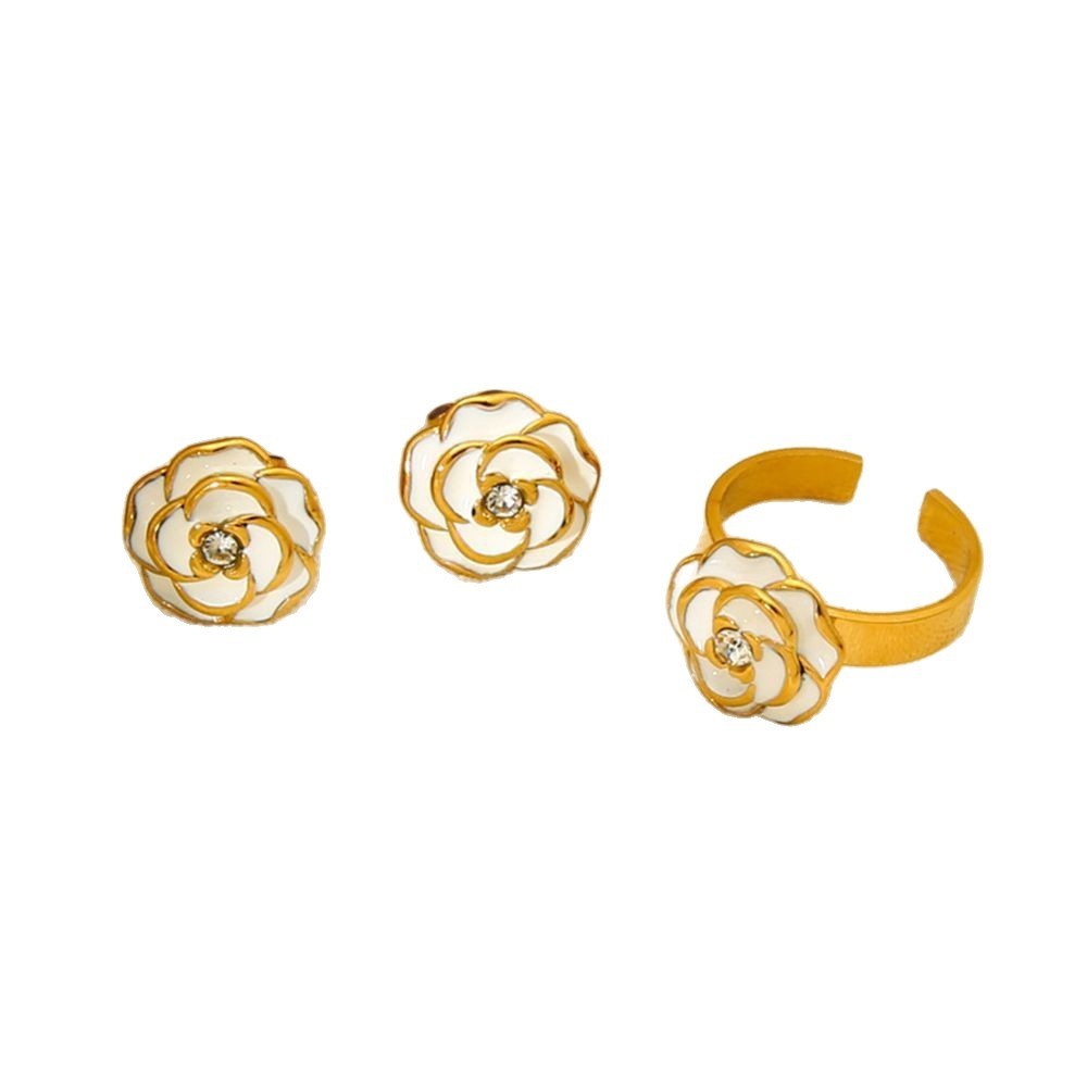 Boucles D'Oreilles Puces Luxueuses Et Élégantes En Acier Inoxydable Imperméable Couleur Or, Ornées De Fleurs. h5Image5