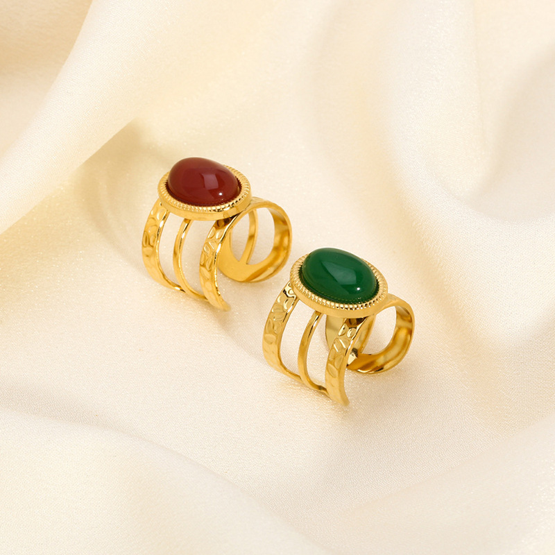 Bague Ajustable En Acier Inoxydable Étanche Couleur Or Avec Pierre Naturelle (1 Pièce) Image4