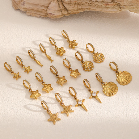 1 paire de boucles d'oreilles pendantes Oceanic en acier inoxydable étanche couleur or