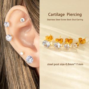 Boucle D'Oreille Piercing Simple En Acier Inoxydable Étanche Couleur Or Avec Zircon (1 Pièce) h5 Image4