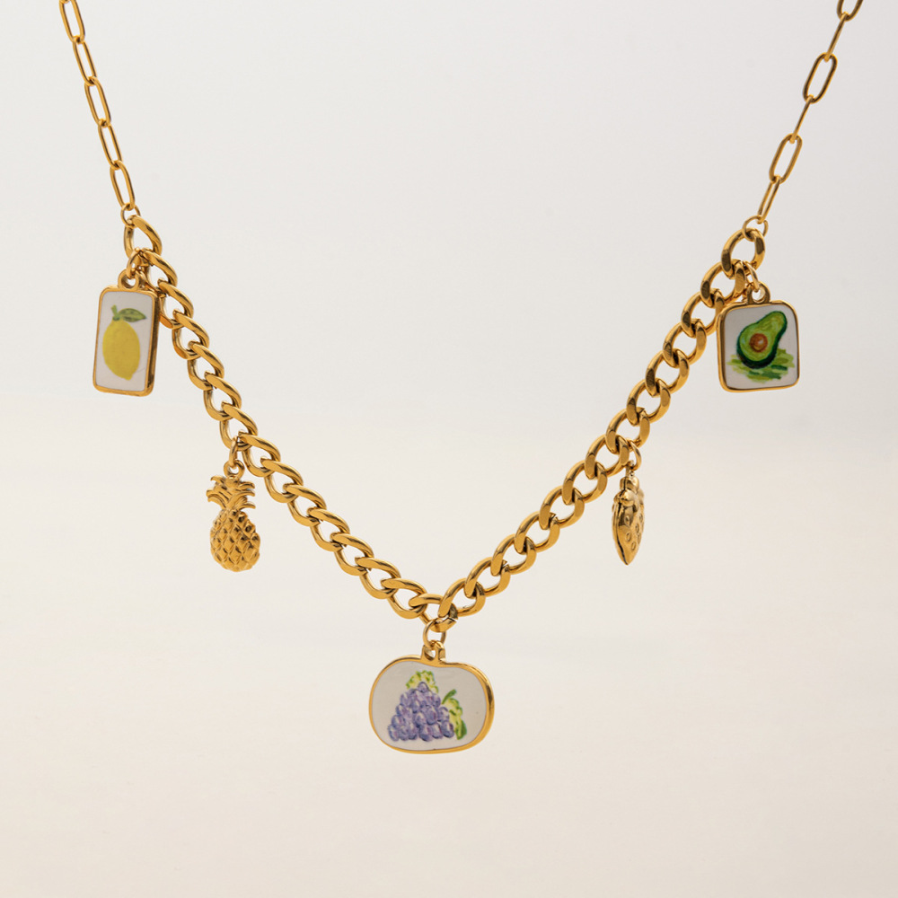 Collier Pendentif Femme En Acier Inoxydable Doré, Motif Fruits Romantiques (1 Pièce) Image5
