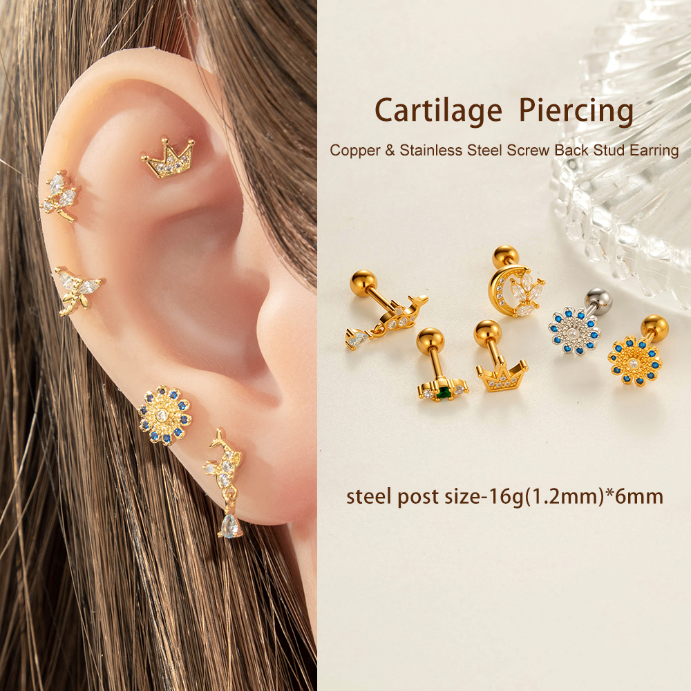 Boucles D'Oreilles Piercing Pour Femme, 1 Pièce, Motif Fleur, Cuivre, Or, Zircone Image5