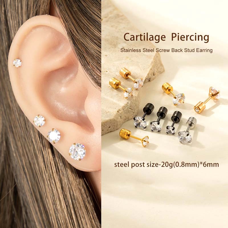 Boucles D'Oreilles Piercing Femme, Style Géométrique Moderne, En Acier Inoxydable, Étanches, Couleur Or, Avec Zircon (1 Pièce). h5Image5