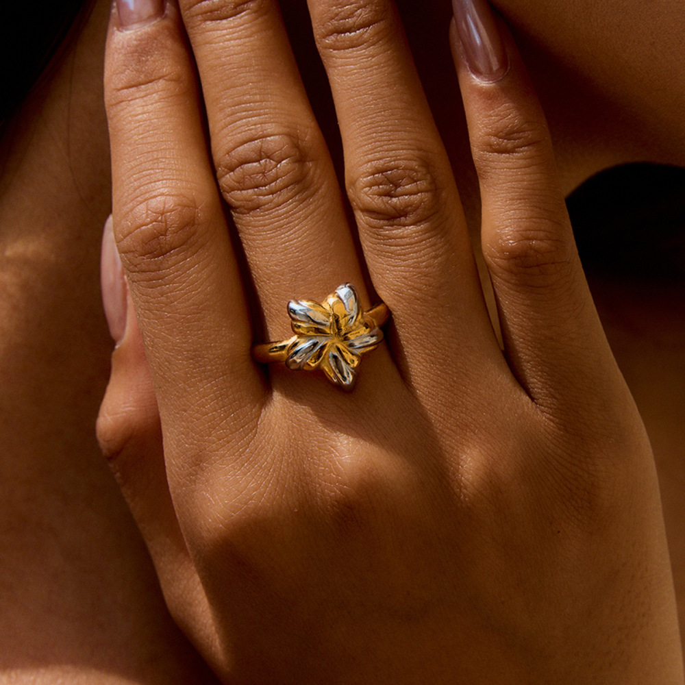 Bague Ajustable Pour Femme, En Acier Inoxydable Doré, Avec Motif Étoile Et Étanche. Image4