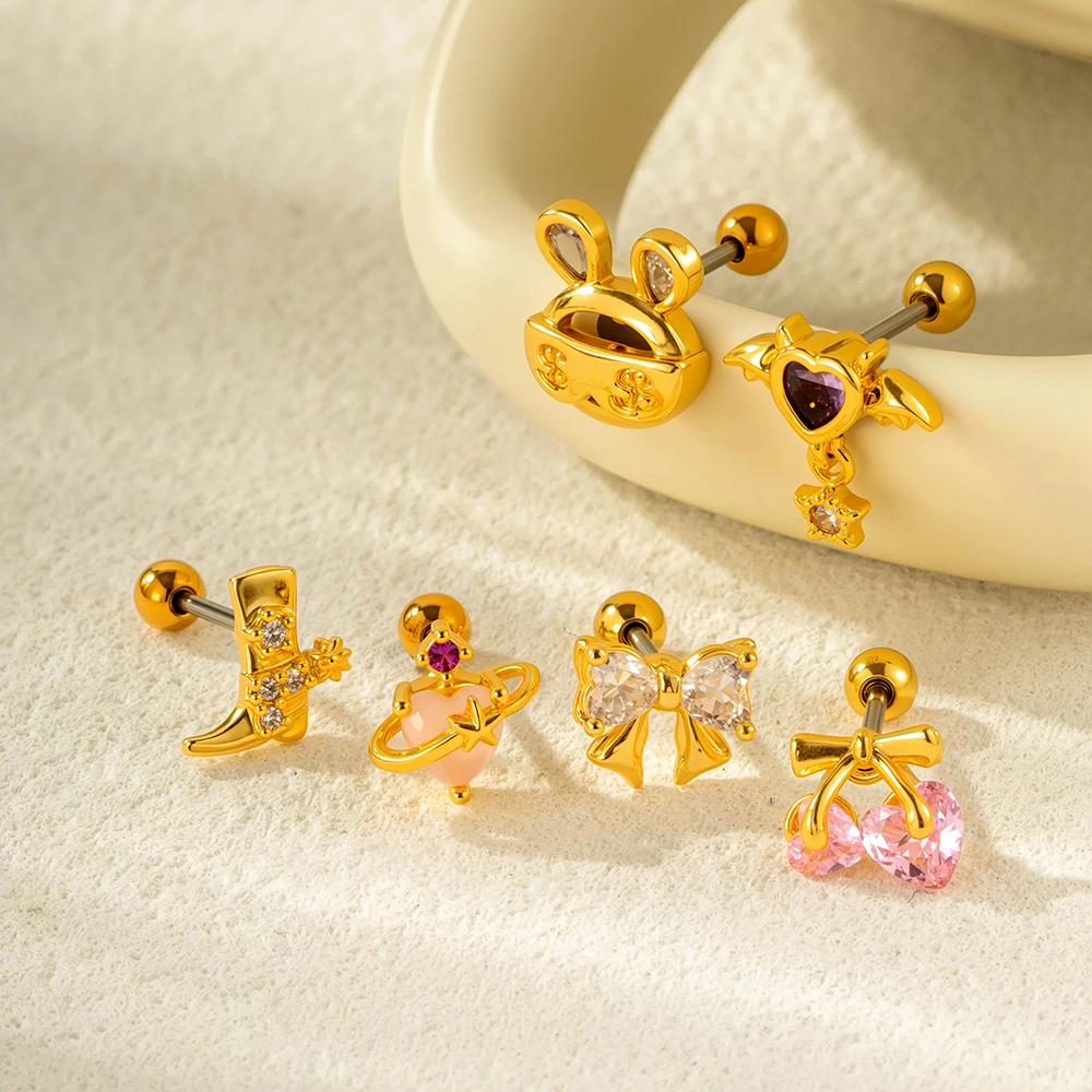 Boucles D'Oreilles À Tige En Acier Titane Et Zircon Pour Femme, 1 Pièce, Nœud Papillon Doux Image4