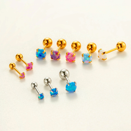 Boucles d'oreilles piercing femme en acier inoxydable doré, opale polychrome (1 pièce)
