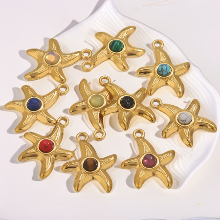 Pendentif femme étanche en forme d'étoile de mer, pierre naturelle et acier inoxydable (1 pièce)