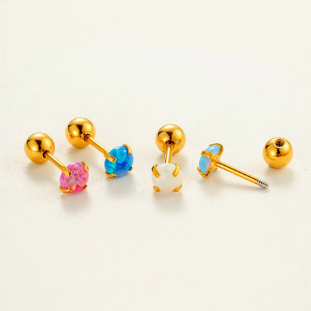 Boucles d'oreilles piercing femme en acier inoxydable doré, opale polychrome (1 pièce) 2