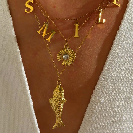 Collier pendentif en acier inoxydable doré, 1 pièce, en forme de poisson