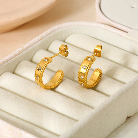 1 paire de boucles d'oreilles créoles pour femme, en acier inoxydable imperméable, ornées de zircon et de la série rétro classique Star 2