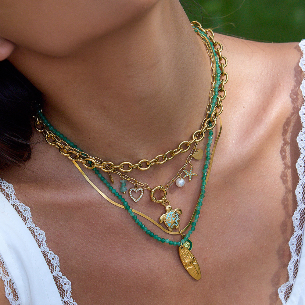 Collier Pendentif Femme En Acier Inoxydable, Couleur Or, Avec Tortue Verte Naturelle (1 Pièce) Image5