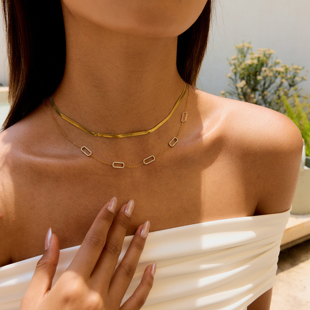 Collier Chaîne Femme En Acier Inoxydable Doré, Style Géométrique Décontracté, Étanche (1 Pièce) Image3