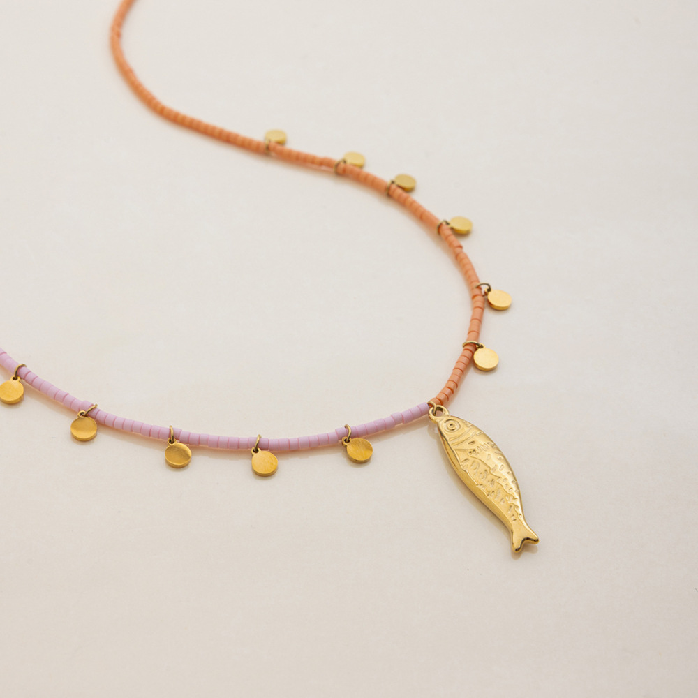Collier Pendentif Femme En Acier Inoxydable Doré, Motif Poisson, 1 Pièce Image9