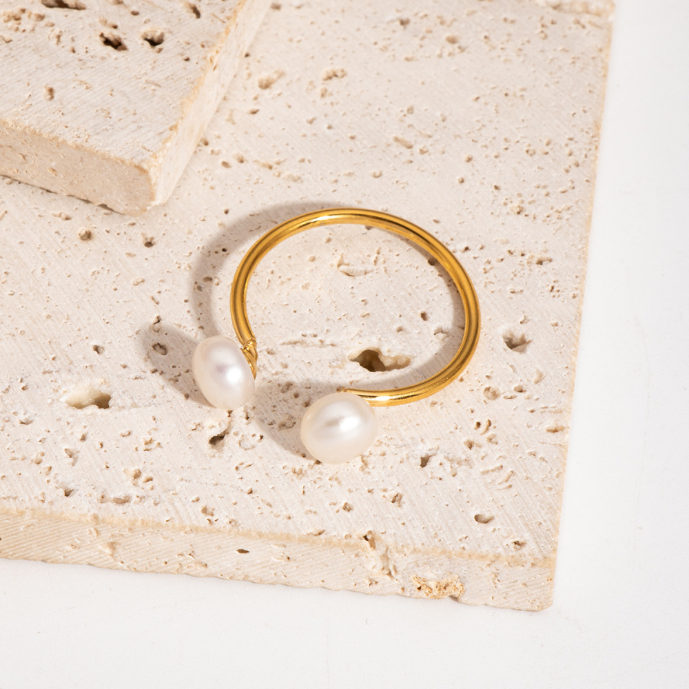 Bague Ajustable Simple En Acier Inoxydable Étanche Couleur Or Avec Perle (1 Pièce) Image4