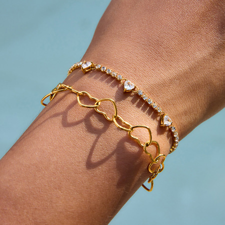 Bracelet à maillons romantique en acier inoxydable doré, imperméable, avec motif cœur (1 pièce)