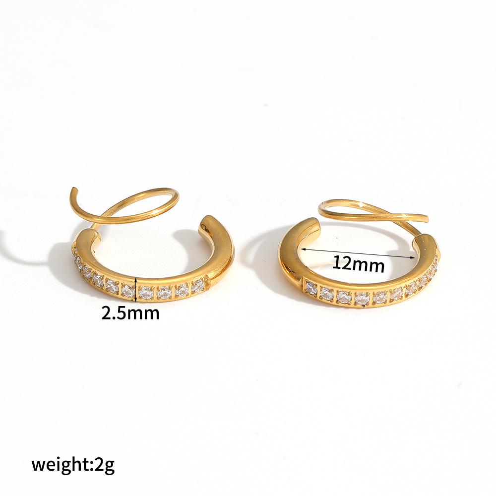 1 Paire De Boucles D'Oreilles Créoles En Acier Inoxydable Étanche, Couleur Or, Avec Zircon. 