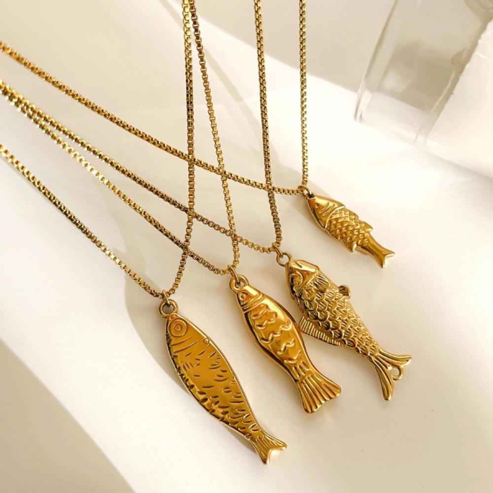 Collier Pendentif En Acier Inoxydable Doré, 1 Pièce, En Forme De Poisson Image4