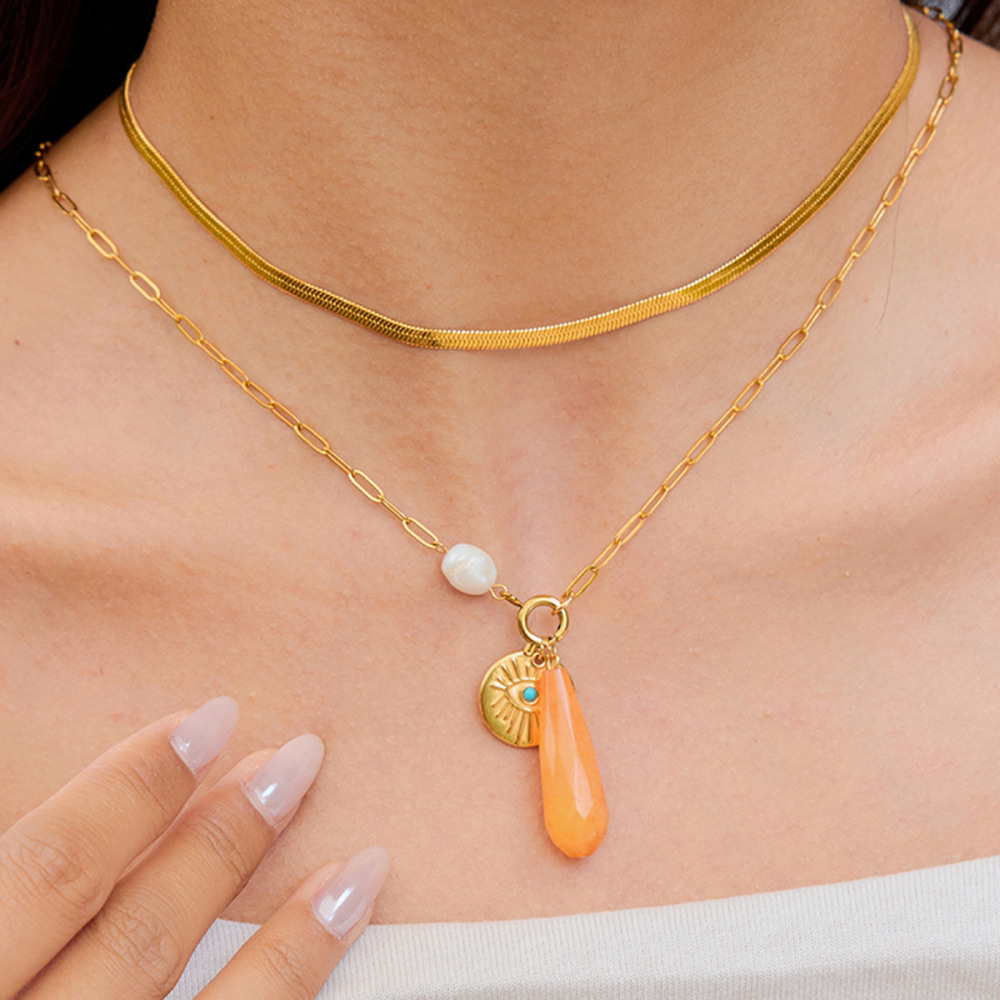 Collier Pendentif Femme En Acier Inoxydable, Pierre Naturelle Irrégulière, Couleur Or, Étanche Image3