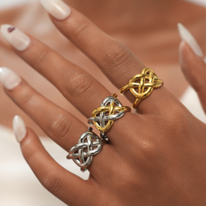 Bague Tendance Décontractée En Acier Inoxydable Tissé, Étanche, Couleur Or (1 Pièce) h5 Image3