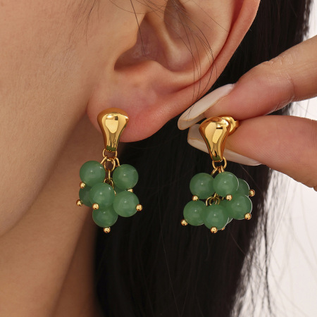 Boucles d'oreilles pour femme, 1 paire, ornées de perles et de pompons en pierre naturelle, en acier inoxydable étanche, couleur or. 2