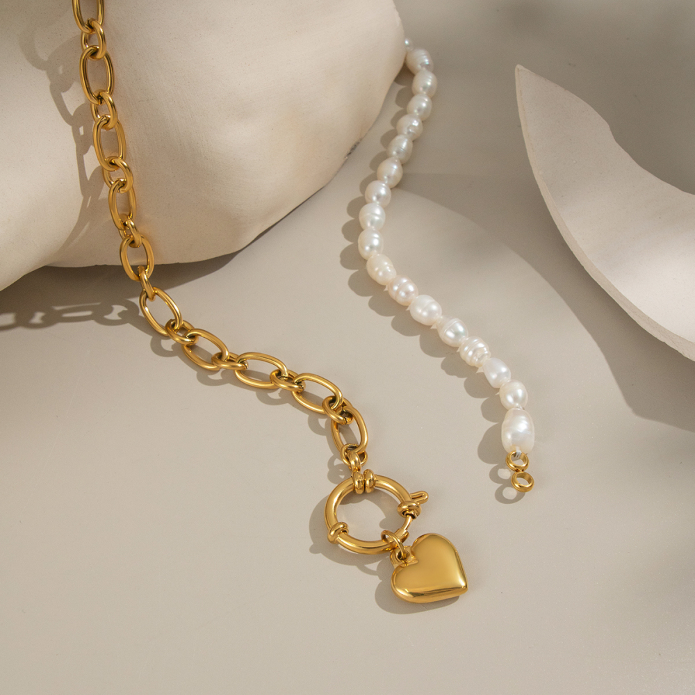 Collier En Acier Inoxydable Imperméable Avec Perles En Forme De Cœur (1 Pièce) Image2