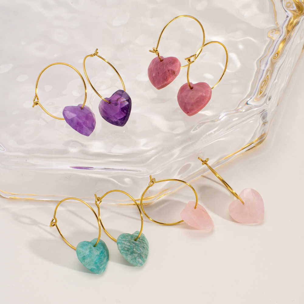 1 Paire De Boucles D'Oreilles Créoles Élégantes En Forme De Cœur Pour Femme, Série Simple, Pierres Naturelles Image4