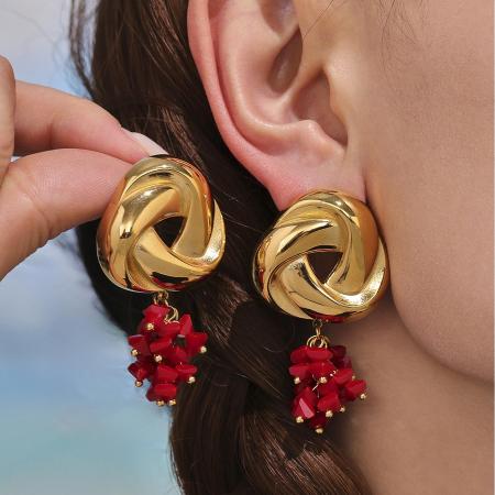 Boucles d'oreilles pendantes romantiques à pompons en acier inoxydable, étanches, couleur or et verre, pour femme (1 paire).