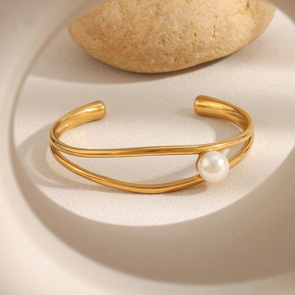 Bracelet Jonc Élégant Et Simple En Acier Inoxydable Imperméable Avec Perles Artificielles (1 Pièce) Image3